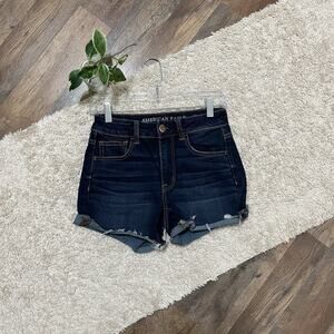 American Eagle Size 4 Dark Wash Whiskered Frayed Cuffed High-Rise Shortie Shorts